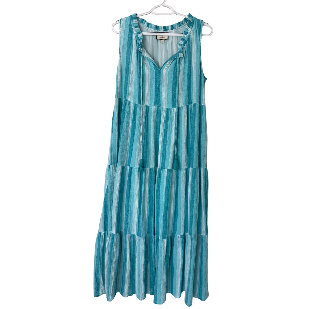 Tuckernuck Teal White Striped Cotton Tiered Maxi Dress Sleeveless Small